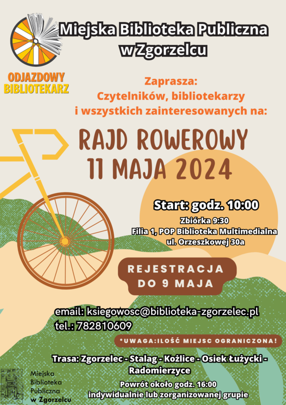 Plakat o jasnych barwach, zapraszający na rajd rowerowy, organizowany przez Miejską Bibliotekę Publiczną w Zgorzelcu