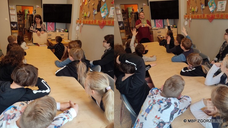 Lekcja biblioteczna dla uczniów klasy III Szkoły Podstawowej Cogito w Zgorzelcu. Zdjęcie jest jednocześnie odnośnikiem do artykułu "Wizyta klasy 3a ze Szkoły Podstawowej Cogito".
