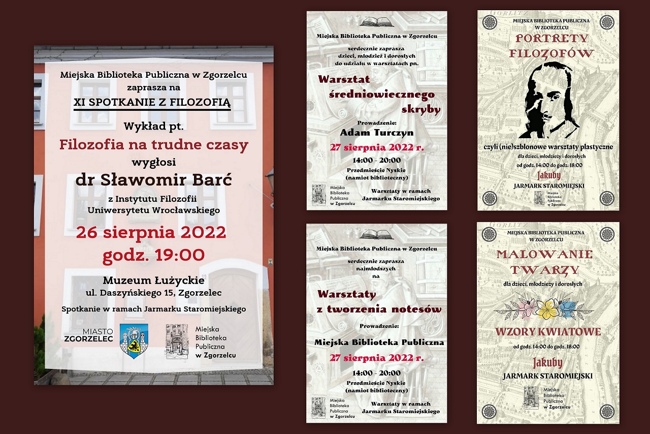 Kolaż z plakatów promujących wydarzenia przygotowane przez Miejską Bibliotekę Publiczną w Zgorzelcu na Jakuby 2022. Grafika jest jednocześnie odnośnikiem do wpisu 