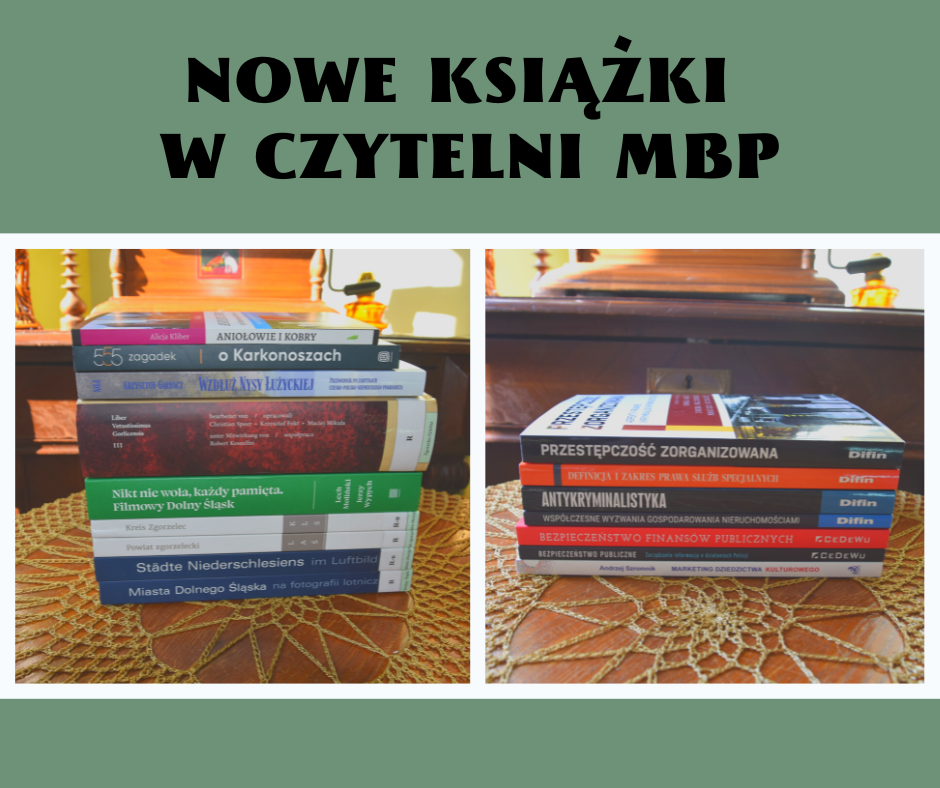 Grafika z napisem „Nowe książki w Czytelni MBP” oraz dwoma zdjęciami grzbietów książek z księgozbioru Czytelni MBP. Grafika jest odnośnikiem do wpisu "Nowe książki w Czytelni MBP".