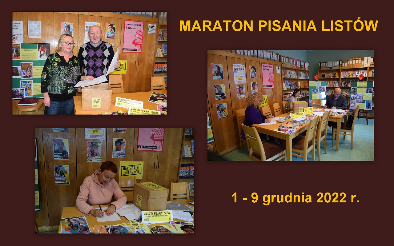 Kolaż zdjęć uczestników Maratonu Pisania Listów w Czytelni MBP. Grafika jest odnośnikiem do wpisu "Relacja z ostatniego dnia Maratonu Pisania Listów w naszej Bibliotece".
