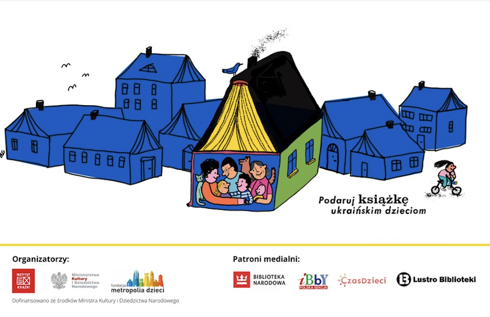 Ilustracja Dominiki Czerniak-Chojnackiej przedstawiająca logo kampanii "Podaruj książkę ukraińskim dzieciom"