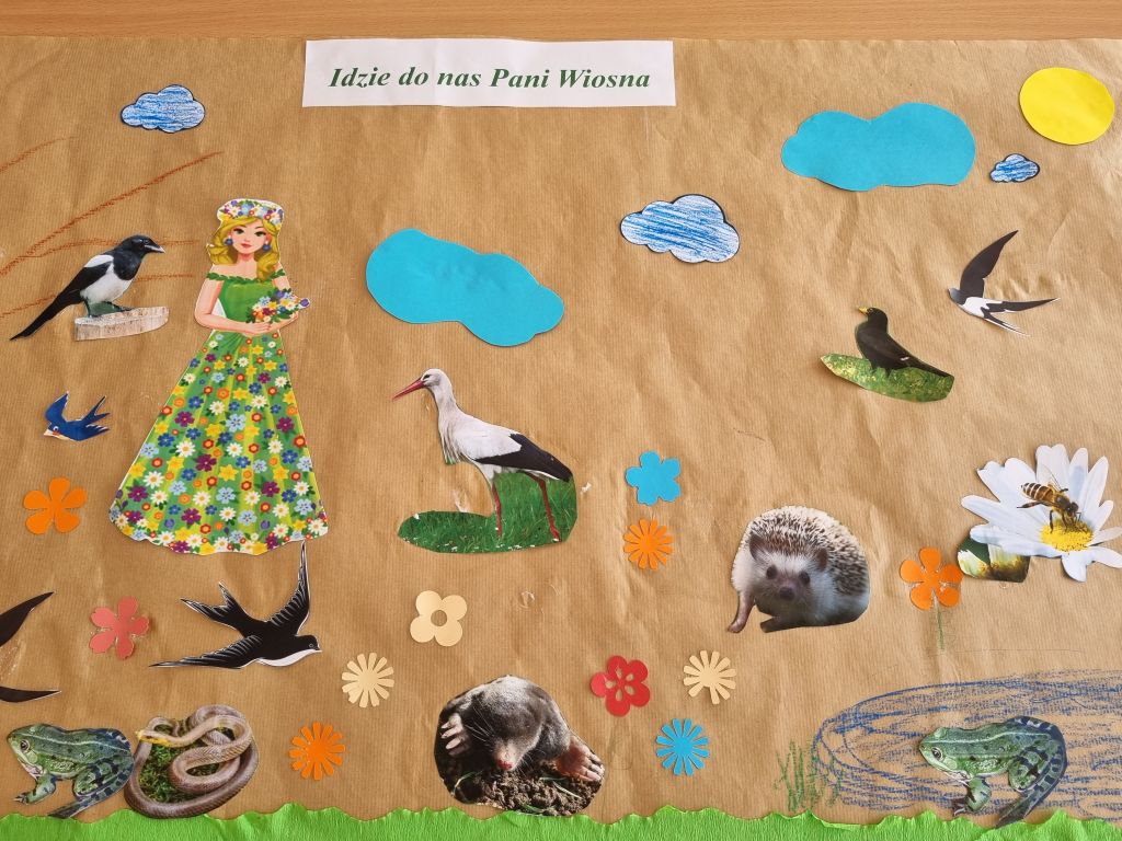 Plakat pt. "Idzie do nas Pani Wiosna", wykonany przez czterolatki z Przedszkola "Mali Odkrywcy".