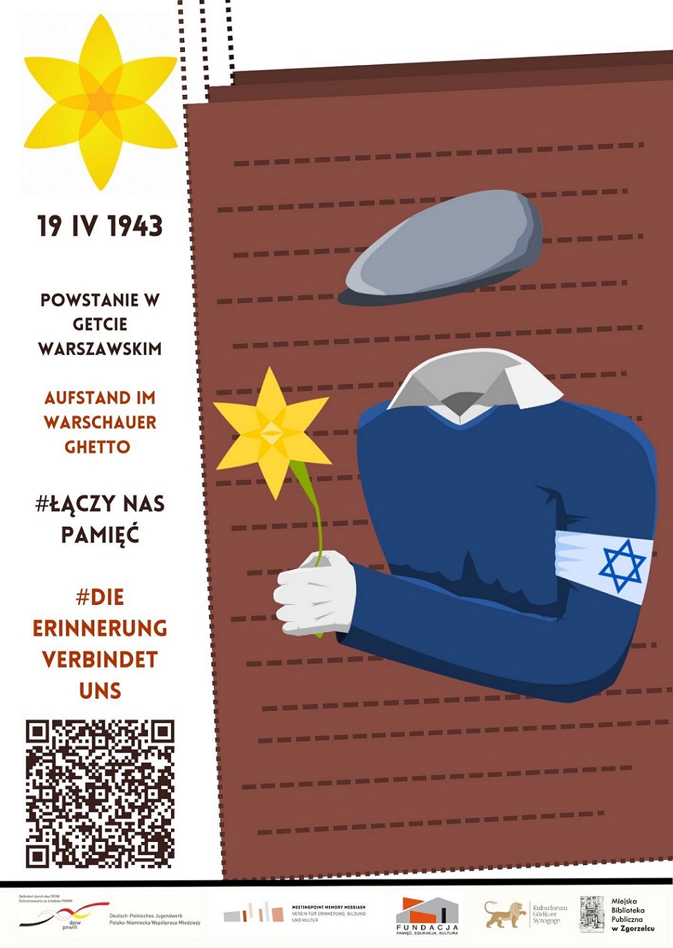 Plakat promujący akcję społeczno-edukacyjną Żonkile. Plakat jest odnośnikiem do wpisu "Młodzież upamiętni powstanie w getcie warszawskim".
