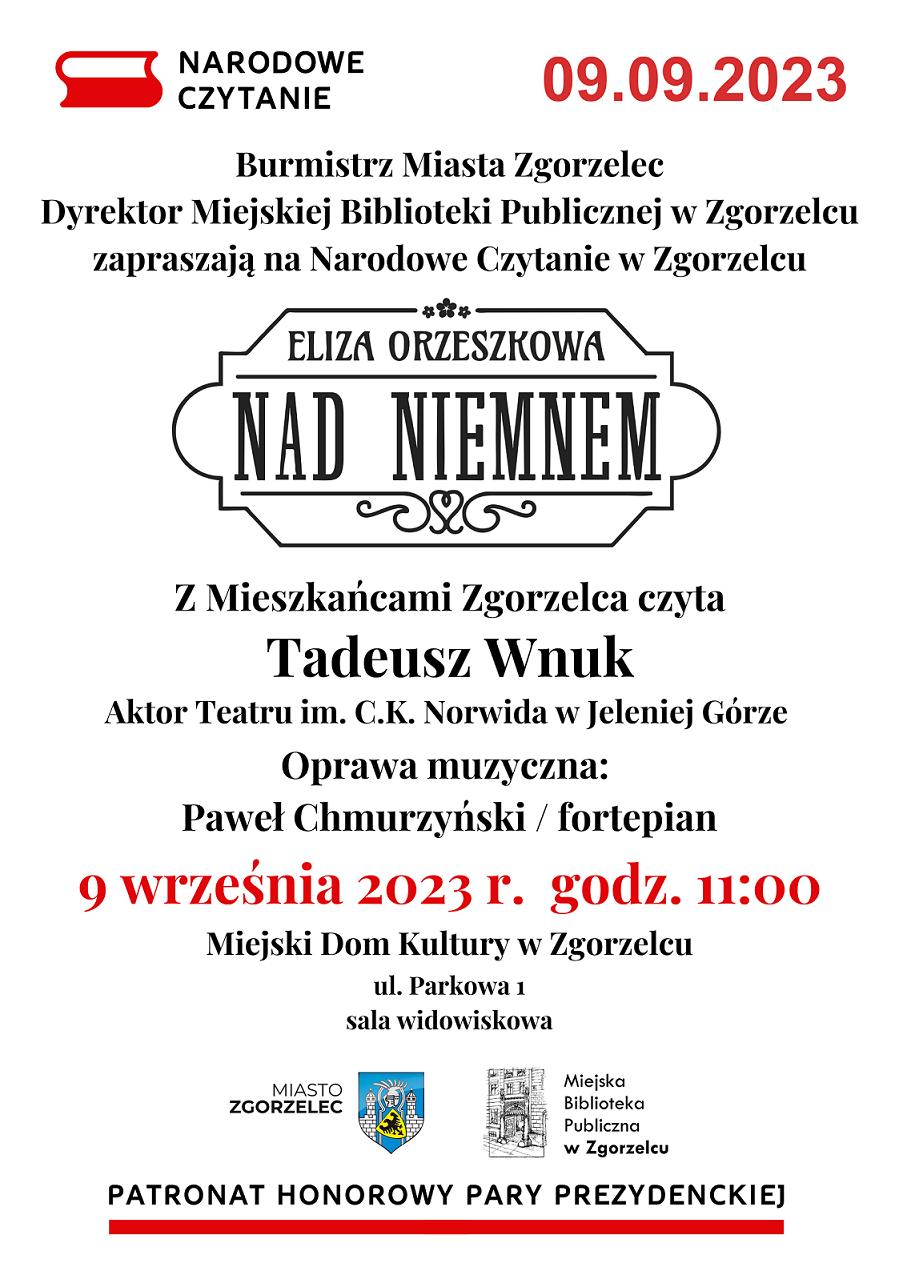 Plakat promujący Narodowe Czytanie w Zgorzelcu. Plakat jest odnośnikiem do wpisu "Narodowe Czytanie w Zgorzelcu".