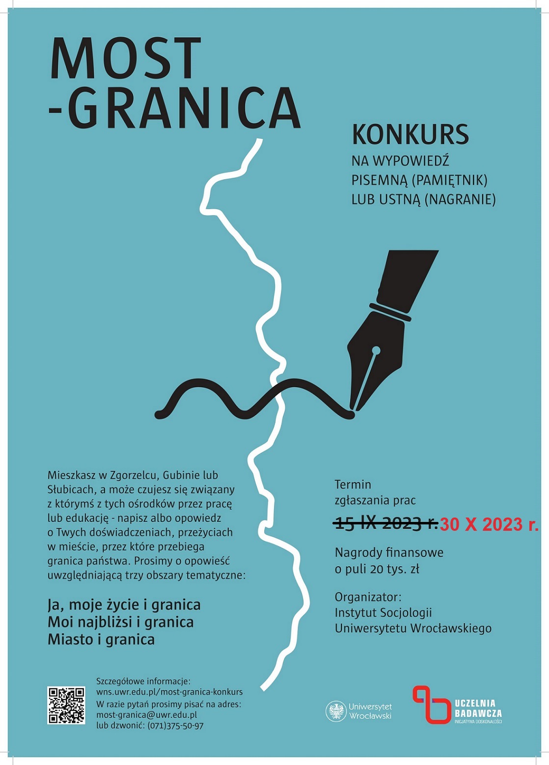 Plakat promujący konkurs na pamiętnik "Most-granica" z poprawionym terminem składania prac konkursowych: 30 X 2023 r. Plakat jest odnośnikiem do wpisu o przedłużeniu terminu składania prac.