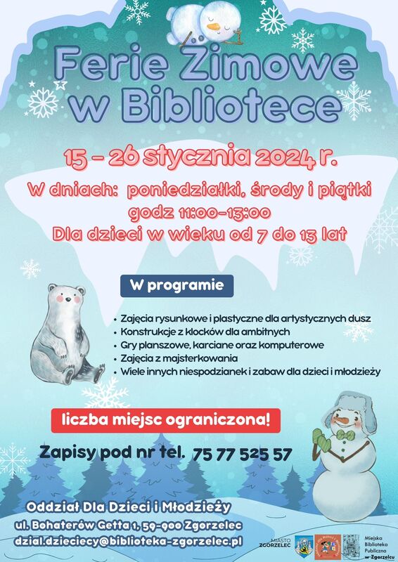 Plakat zachęcający do udziału w zajęciach dla dzieci i młodzieży podczas ferii zimowych
