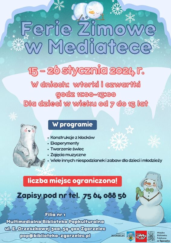 Plakat zachęcający do udziału w zajęciach dla dzieci i młodzieży podczas ferii zimowych