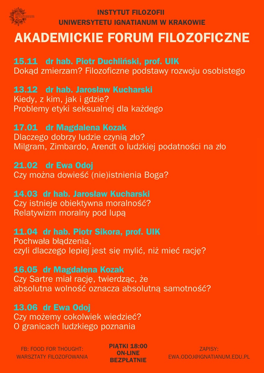 Plakat promujący "Akademickie Forum Filozoficzne". Harmonogram spotkań.