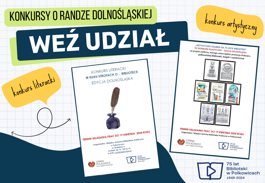 Grafika promująca konkursy organizowane przez Miejsko-Gminną Bibliotekę Publiczną w Polkowicach. Grafika jest odnośnikiem do wpisu "Biblioteka w Polkowicach zaprasza do udziału w konkursach".