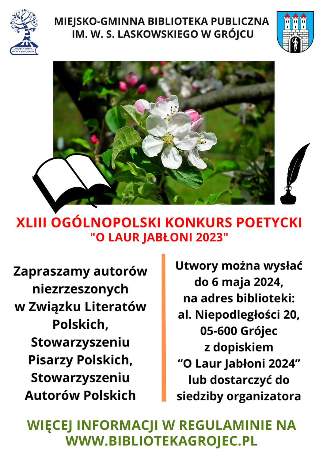 Plakat promujący konkurs poetycki organizowany przez Miejsko-Gminną Bibliotekę Publiczną im. Wacława Skarbimira Laskowskiego w Grójcu. Plakat jest odnośnikiem do wpisu 