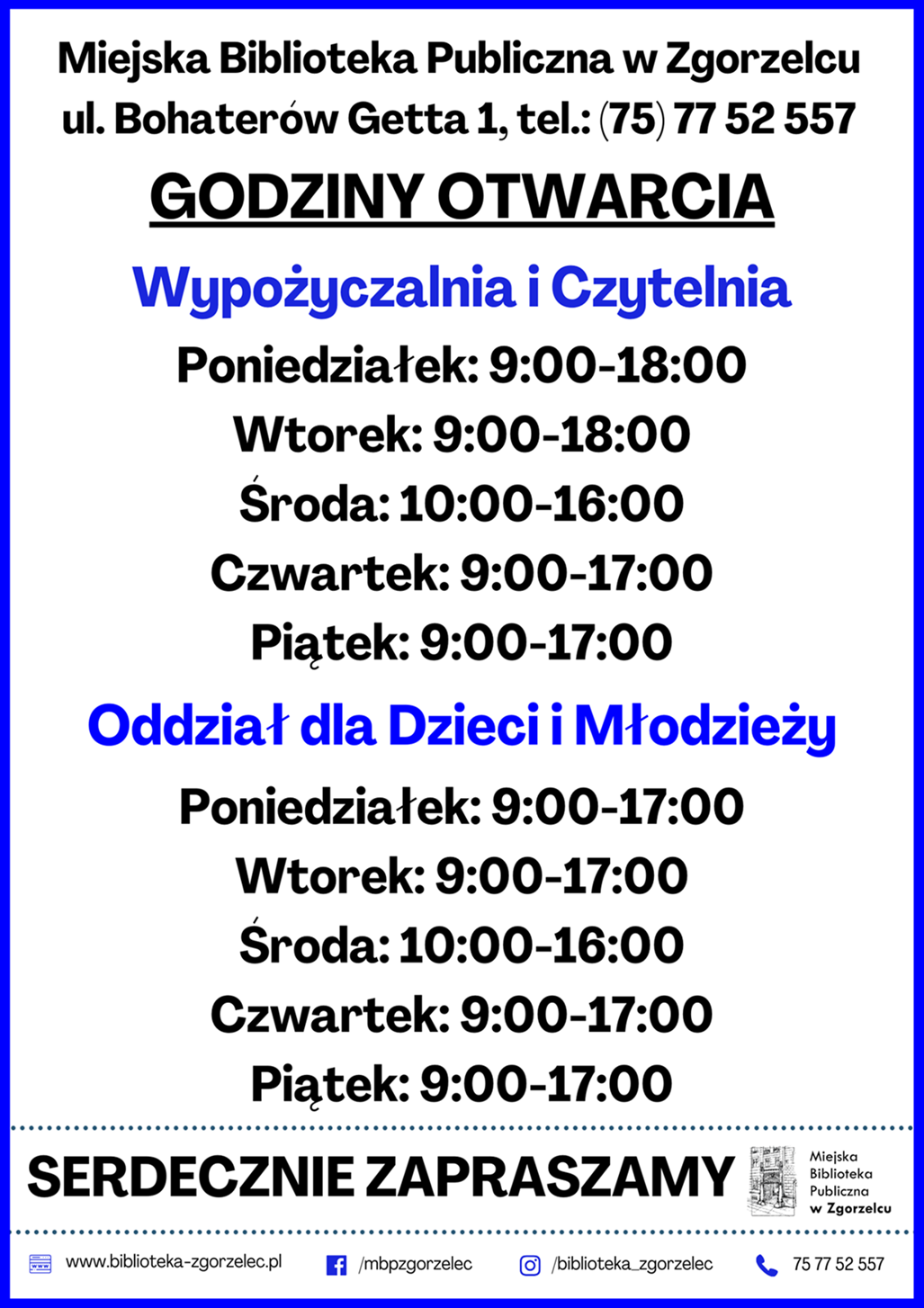 Grafika z godzinami otwarcia Wypożyczalni, Czytelni, Oddziału dla Dzieci i Młodzieży. Grafika jest odnośnikiem do wpisu 