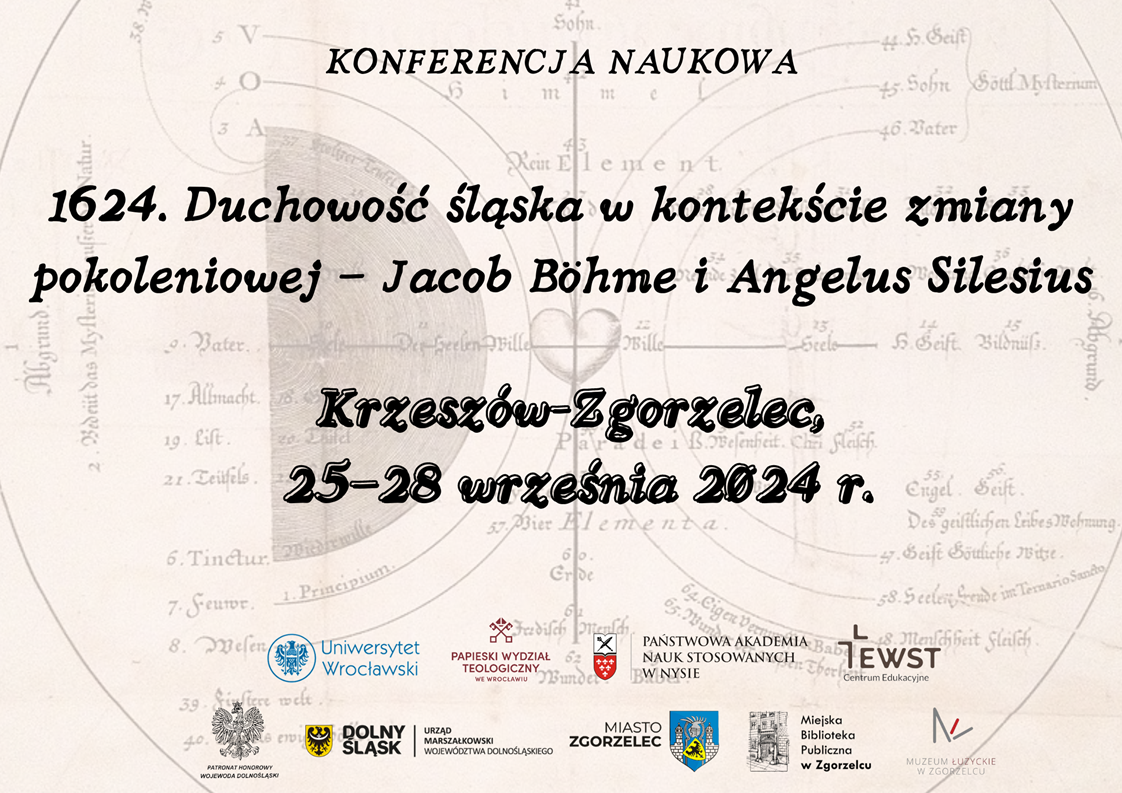 Plakat promujący konferencję naukową „1624. Duchowość śląska w kontekście zmiany pokoleniowej – Jacob Böhme i Angelus Silesius”. Plakat jest odnośnikiem do wpisu o konferencji.