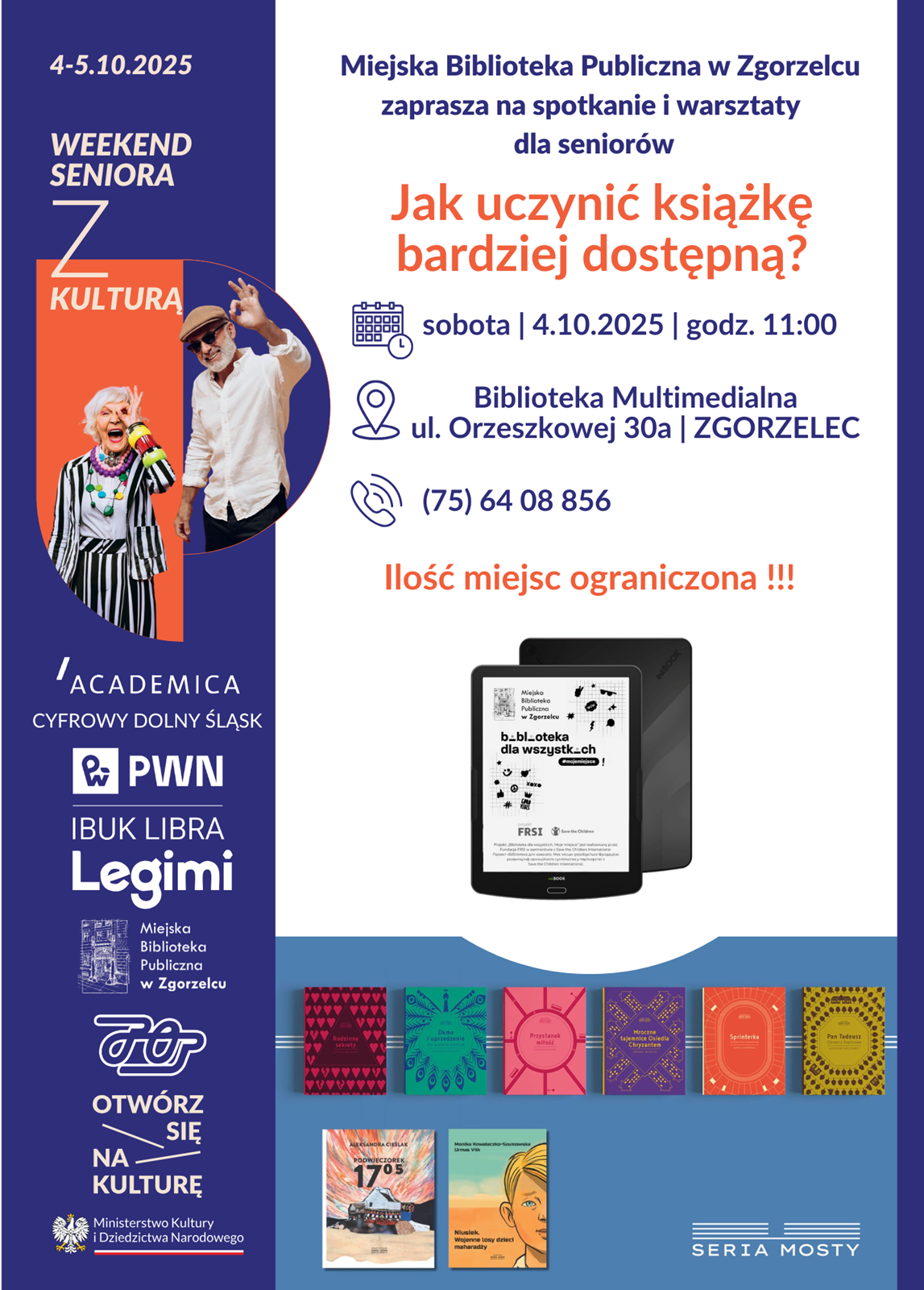 Plakat promujący spotkanie dla seniorów w Filii nr 1 pt. 