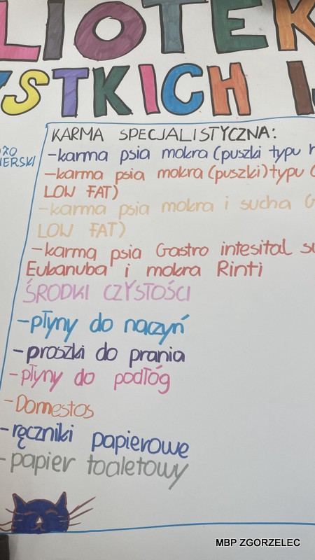 Ręcznie napisany plakat z kolorowym nagłówkiem i listą potrzebnych rzeczy dla zwierząt, takich jak karma specjalistyczna, środki czystości, ręczniki papierowe i papier toaletowy.