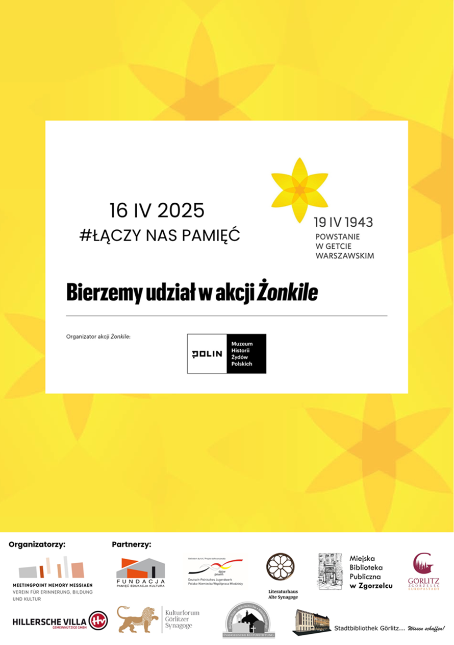 Plakat promujący akcję Żonkile 16 kwietnia 2025 r. Plakat jest odnośnikiem do wpisu "Akcja społeczno-edukacyjna Żonkile".