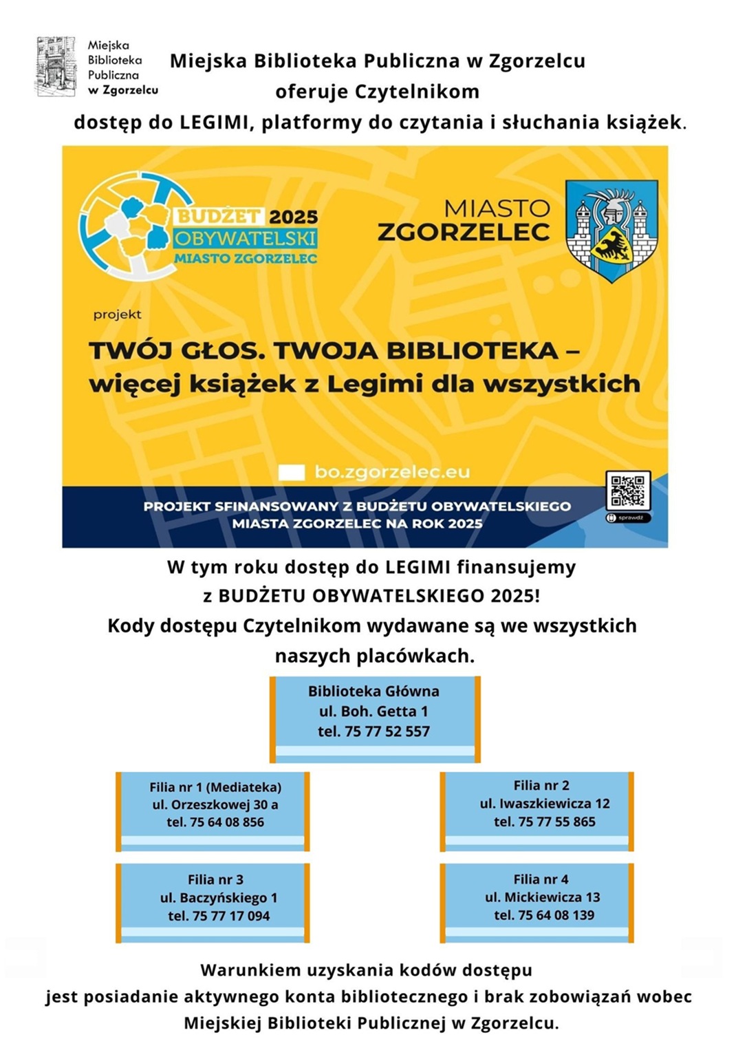 Plakat promujący usługę Legimi. Plakat jest odnośnikiem do wpisu "Kody Legimi w Bibliotece".