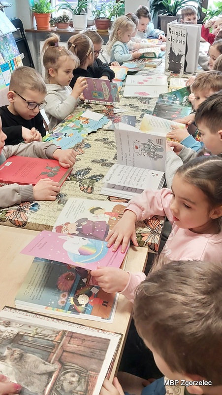 Dzieci siedzą wokół długiego stołu w&nbsp;bibliotece i&nbsp;oglądają książki dla najmłodszych. Na stole leżą liczne książki obrazkowe, a&nbsp;niektóre dzieci trzymają swoje egzemplarze otwarte, przeglądając ilustracje i&nbsp;tekst. W&nbsp;tle widoczne są półki z&nbsp;książkami, stojaki z&nbsp;publikacjami oraz okna z&nbsp;roślinami ustawionymi na parapecie. Na stole znajduje się także książka zatytułowana „Książka dla kota”. Zdjęcie wykonano 24 lutego 2026 r. jako dokumentacja zajęć czytelniczych.