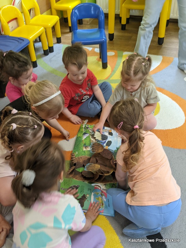 Przedszkolaki siedzą na dywanie w&nbsp;sali przedszkolnej i&nbsp;wspólnie oglądają dużą książkę z&nbsp;ilustracjami zwierząt. Dzieci skupiają się wokół otwartej książki.