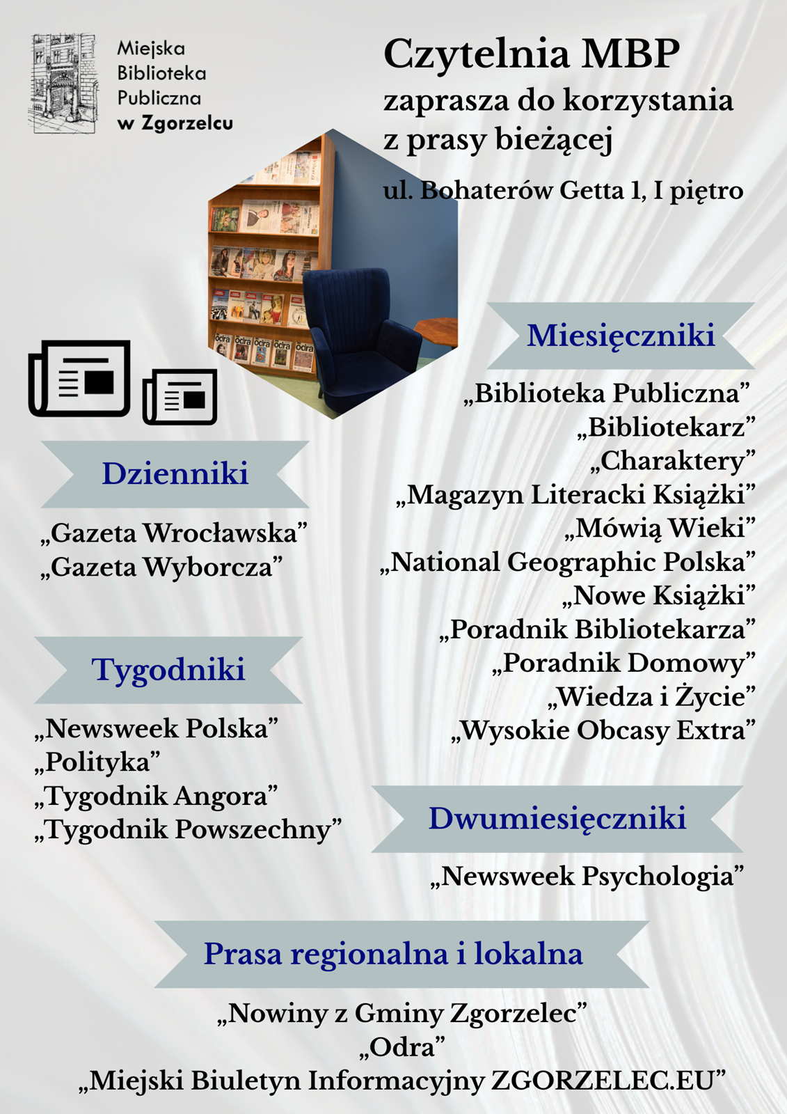 Plakat informujący o dostępnych tytułach prasy bieżącej w Czytelni MBP. Plakat jest odnośnikiem do wpisu "Prasa w 2026 roku".
