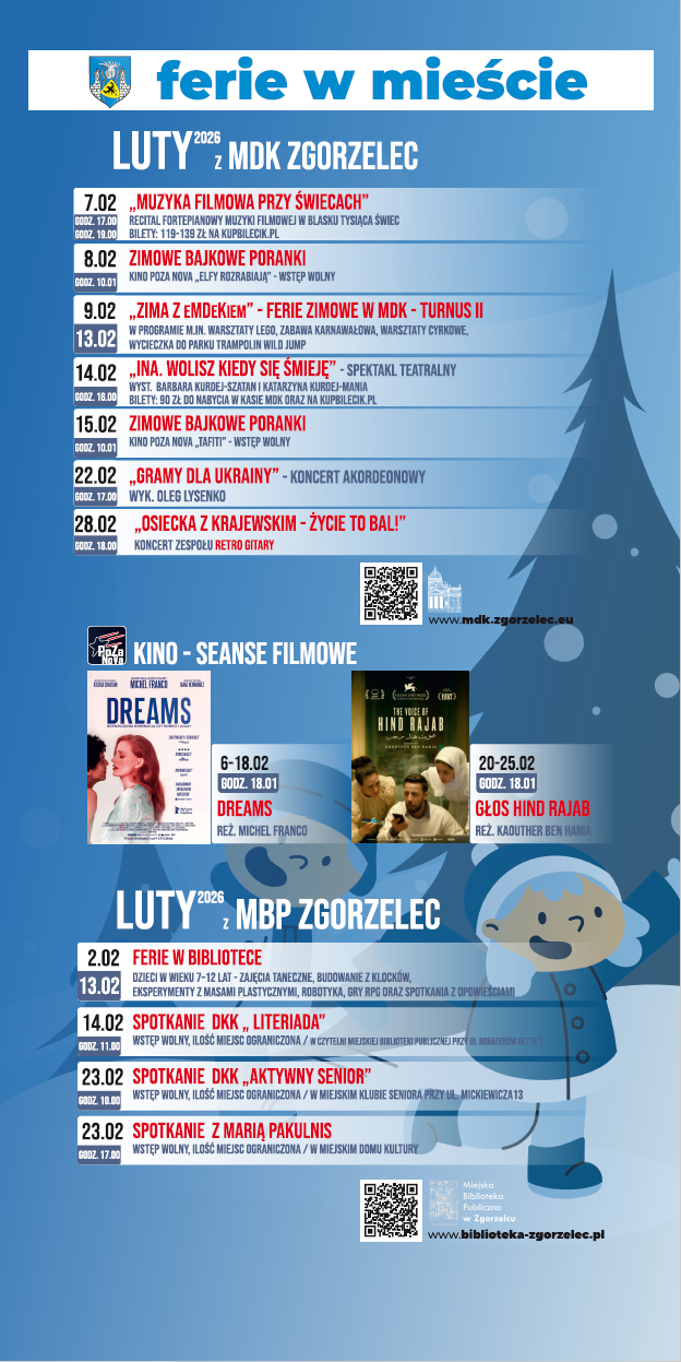 Ferie w&nbsp;mieście. Luty 2026 z&nbsp;MDK Zgorzelec. Luty 2026 z&nbsp;MBP Zgorzelec.