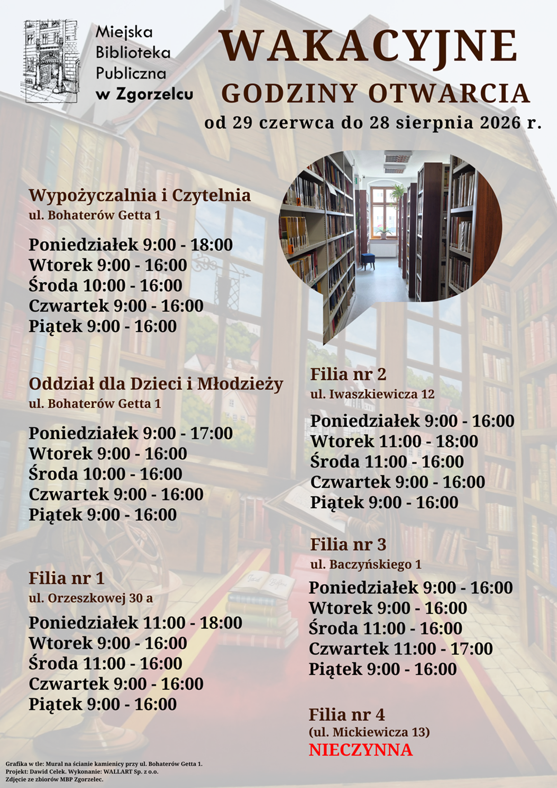 Wakacyjne godziny otwarcia od 29 czerwca do 28 sierpnia 2026 r. Plakat jest odnośnikiem do wpisu o wakacyjnych godzinach otwarcia.