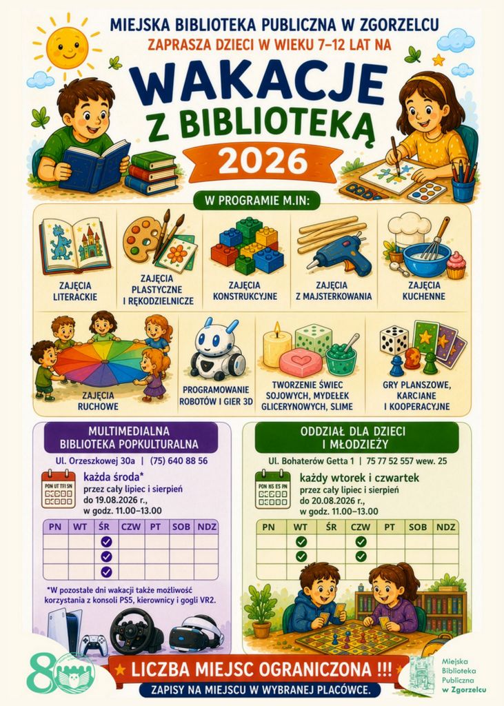 Plakat „Wakacje z Biblioteką 2026” dla dzieci w wieku 7–12 lat. Przedstawia kolorowe ilustracje zajęć literackich, plastycznych, konstrukcyjnych, kulinarnych, ruchowych, programowania robotów i gier 3D, tworzenia świec, mydeł i slime oraz gier planszowych. Zawiera informacje o bezpłatnych zajęciach wakacyjnych organizowanych w Oddziale dla Dzieci i Młodzieży oraz w Multimedialnej Bibliotece Popkulturalnej w Zgorzelcu, a także możliwość korzystania z konsoli PS5, kierownicy i gogli VR2. Liczba miejsc jest ograniczona, obowiązują zapisy.