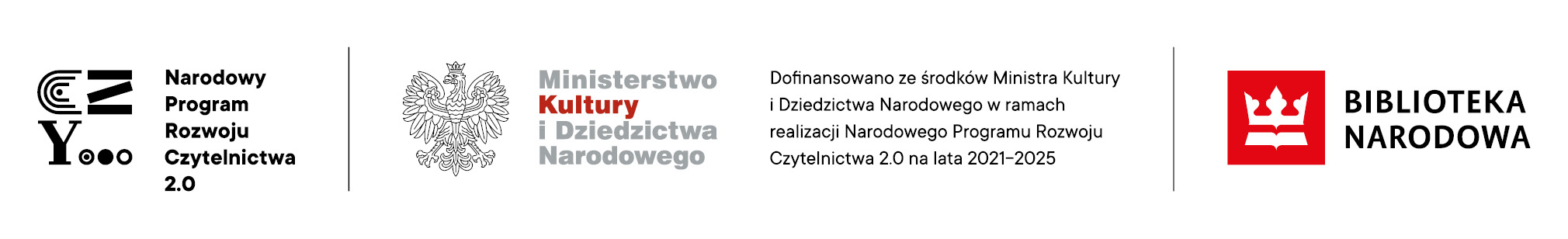 Belka logotypów. Od lewej: Narodowy Program Rozwoju Czytelnictwa 2.0, Ministerstwo Kultury i Dziedzictwa Narodowego, Biblioteka Narodowa